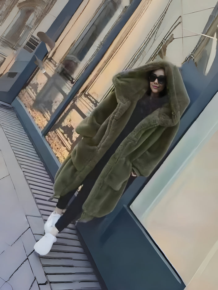 Plush hooded coat, olive green, loose fit with oversized hood and front pockets
