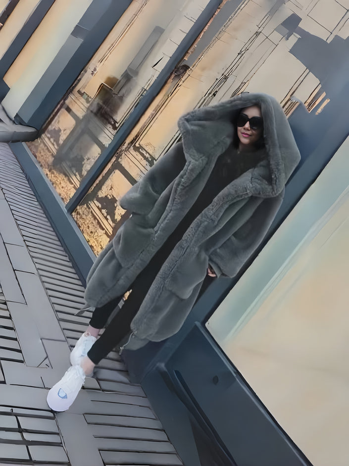 Plush hooded coat, dark gray, loose fit with oversized hood and front pockets