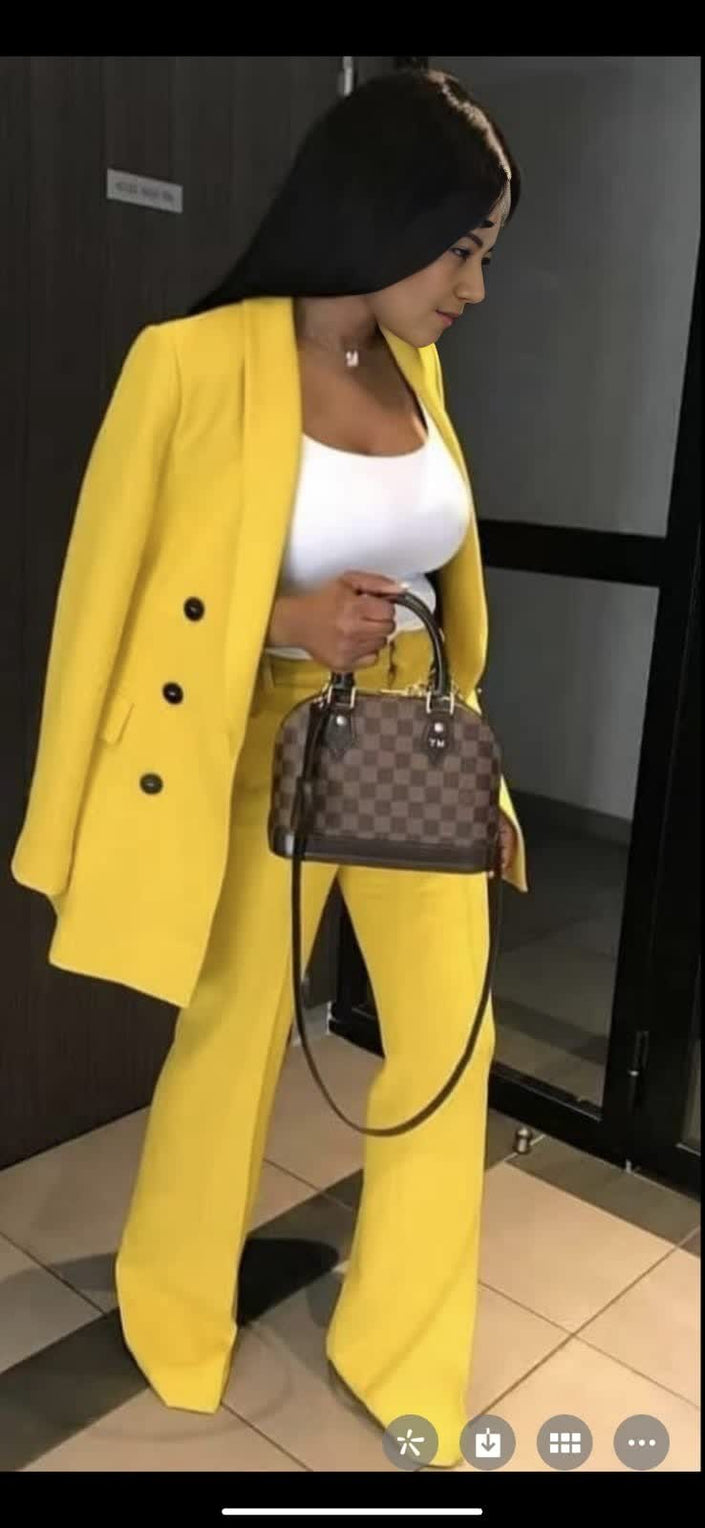 Yellow double-breasted blazer suit with matching straight-leg trousers