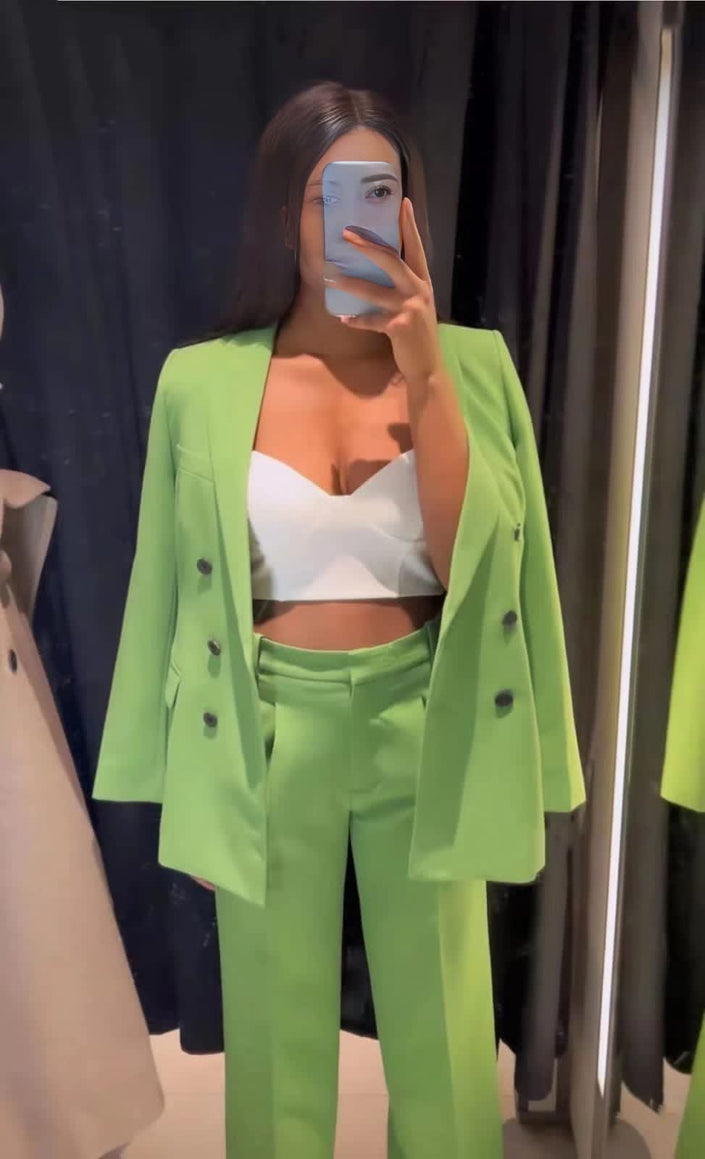 Green double-breasted blazer suit with matching trousers