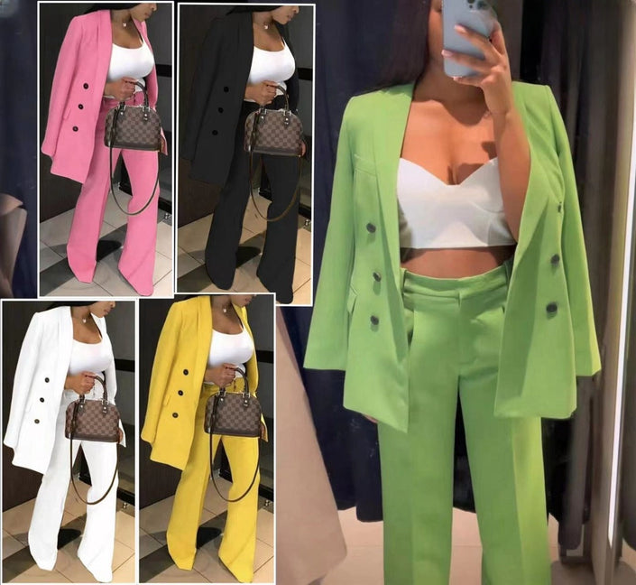 Double-breasted blazer suit shown in yellow, pink, green, white, and black