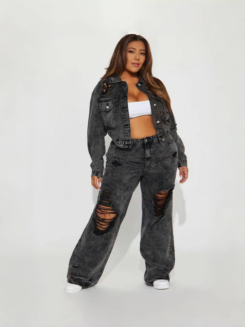 Denim jacket and ripped wide-leg jeans set, dark wash
