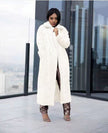 White plush long coat for women, collared neckline, open front, long sleeves