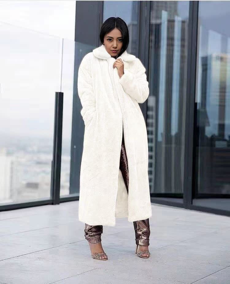 White plush long coat for women, collared neckline, open front, long sleeves