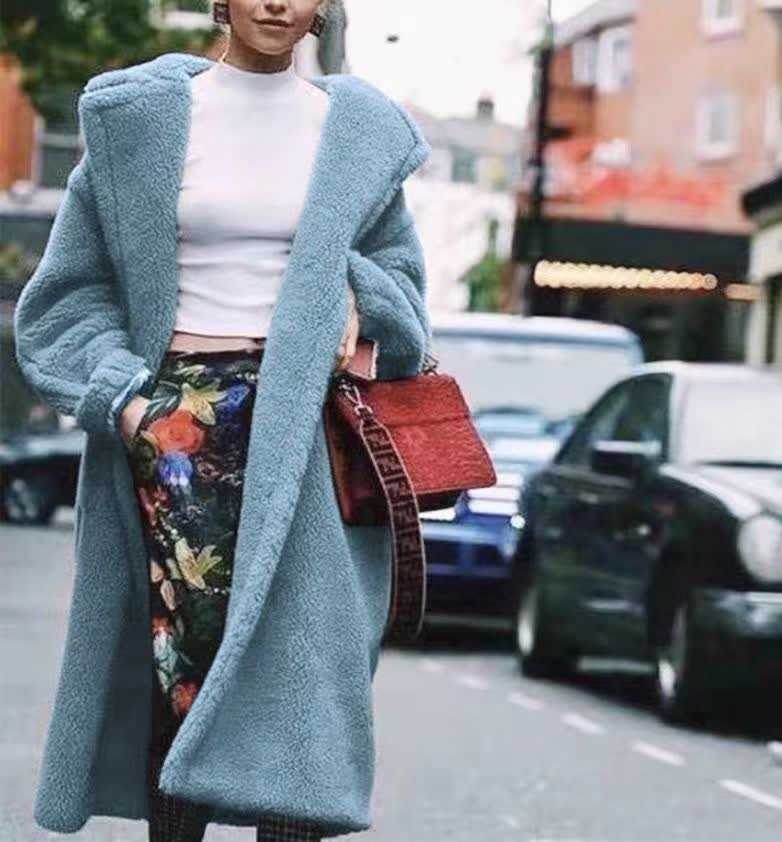 Blue plush long coat for women, collared neckline, open front, side pockets