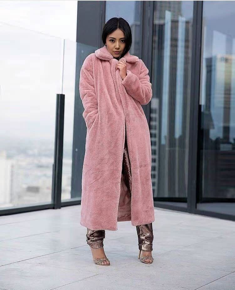 Dusty pink plush long coat for women, collared neckline, open front, side pockets