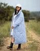 Long quilted coat, Sky-Blue, hood, button front, quilted pattern, side pockets.