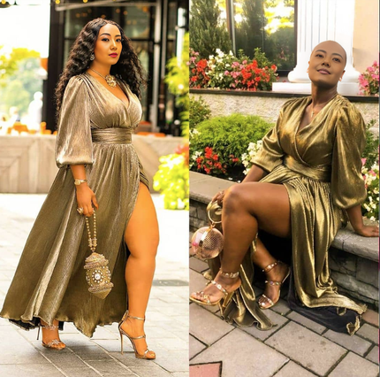 Metallic sheen maxi dress with waist slit, V-neck, long sleeves, gold