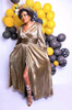 Metallic Sheen Long-Sleeve V-Neck Dress with Waist Draping and High Slit