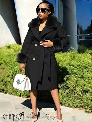 Black long belted coat with wide lapel fur trim and gold button front