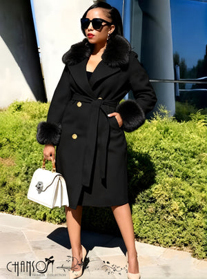 Black belted coat with faux fur collar, fur cuffs, gold buttons and tie belt