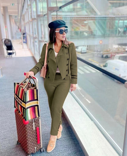 Dark-olive-green double-breasted jacket and pants twin set, fitted trousers