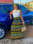 African maxi skirt set: white sleeveless top with green striped maxi skirt