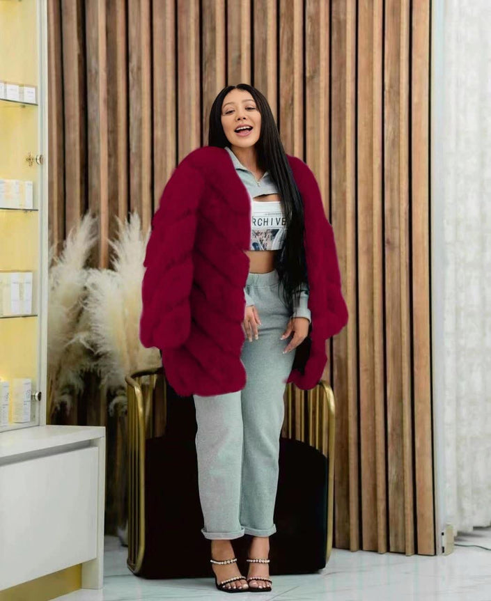 Maroon plush fur coat with long sleeves and open front