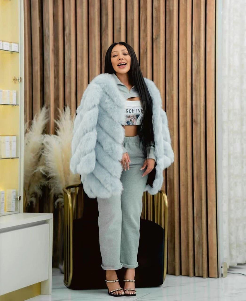 Light-cyan plush fur coat with long sleeves and open front