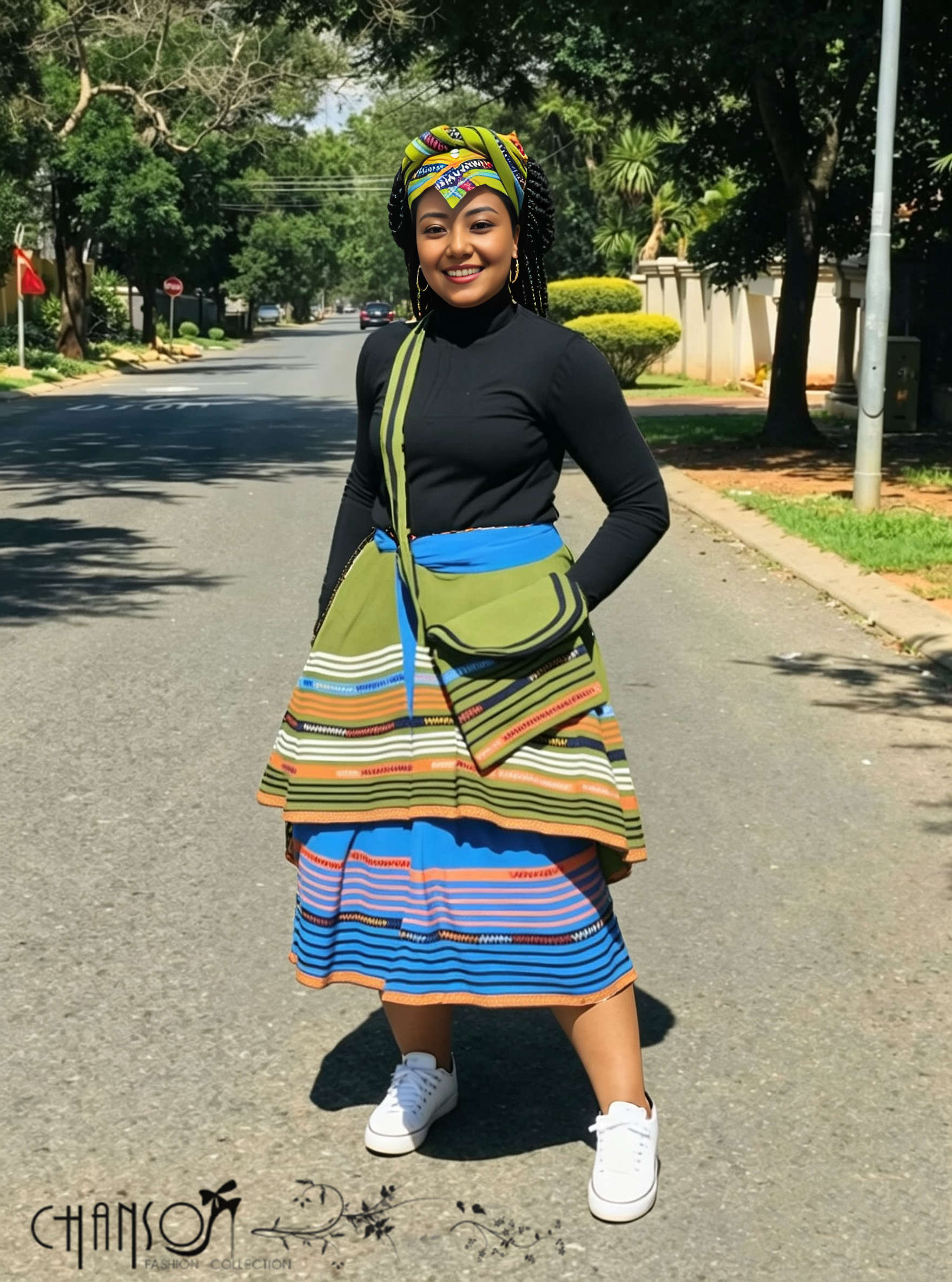 Layered geometric stripe skirt with green, blue, yellow, and orange tiers