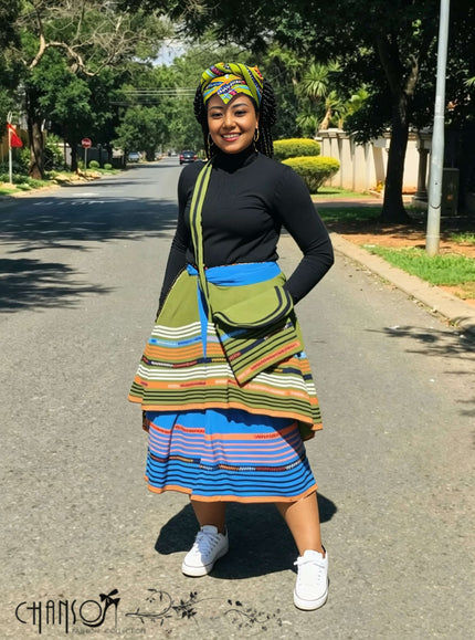 Layered geometric stripe skirt with green, blue, yellow, and orange tiers