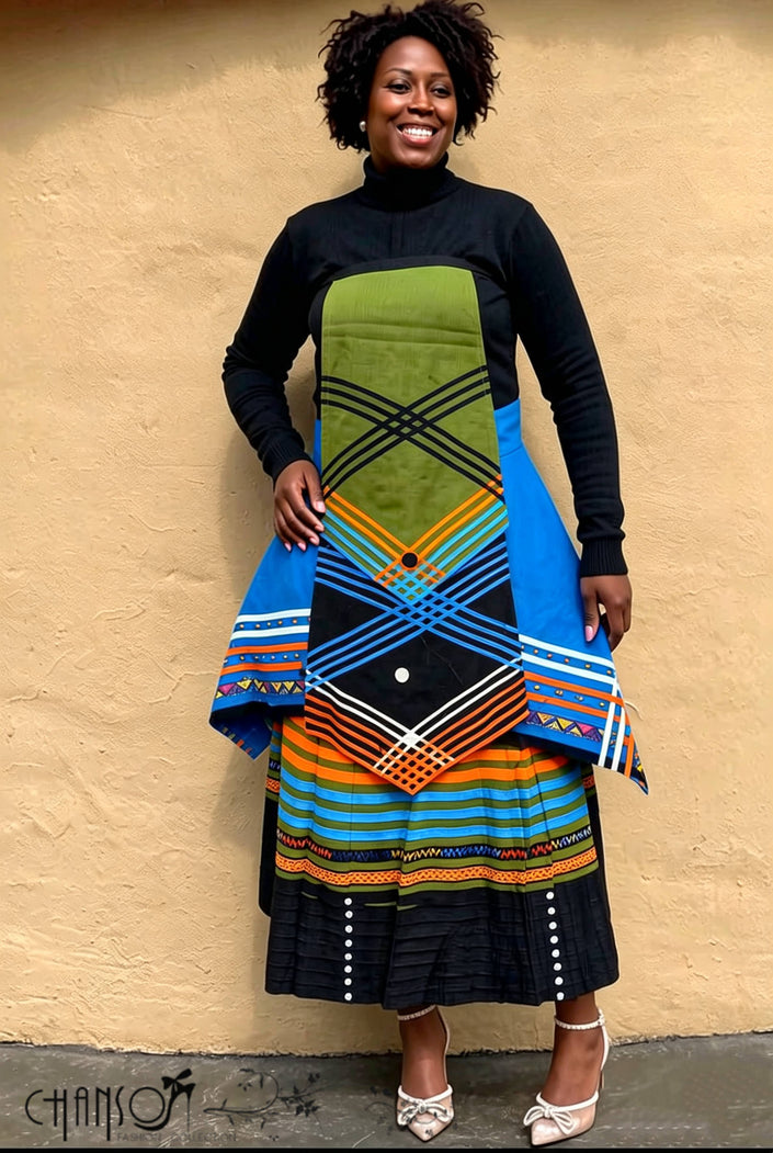 Four-piece geometric stripe skirt set in green, blue, and black with pleated midi skirt