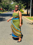 Green striped midi skirt with multicolor woven pattern and fitted waist