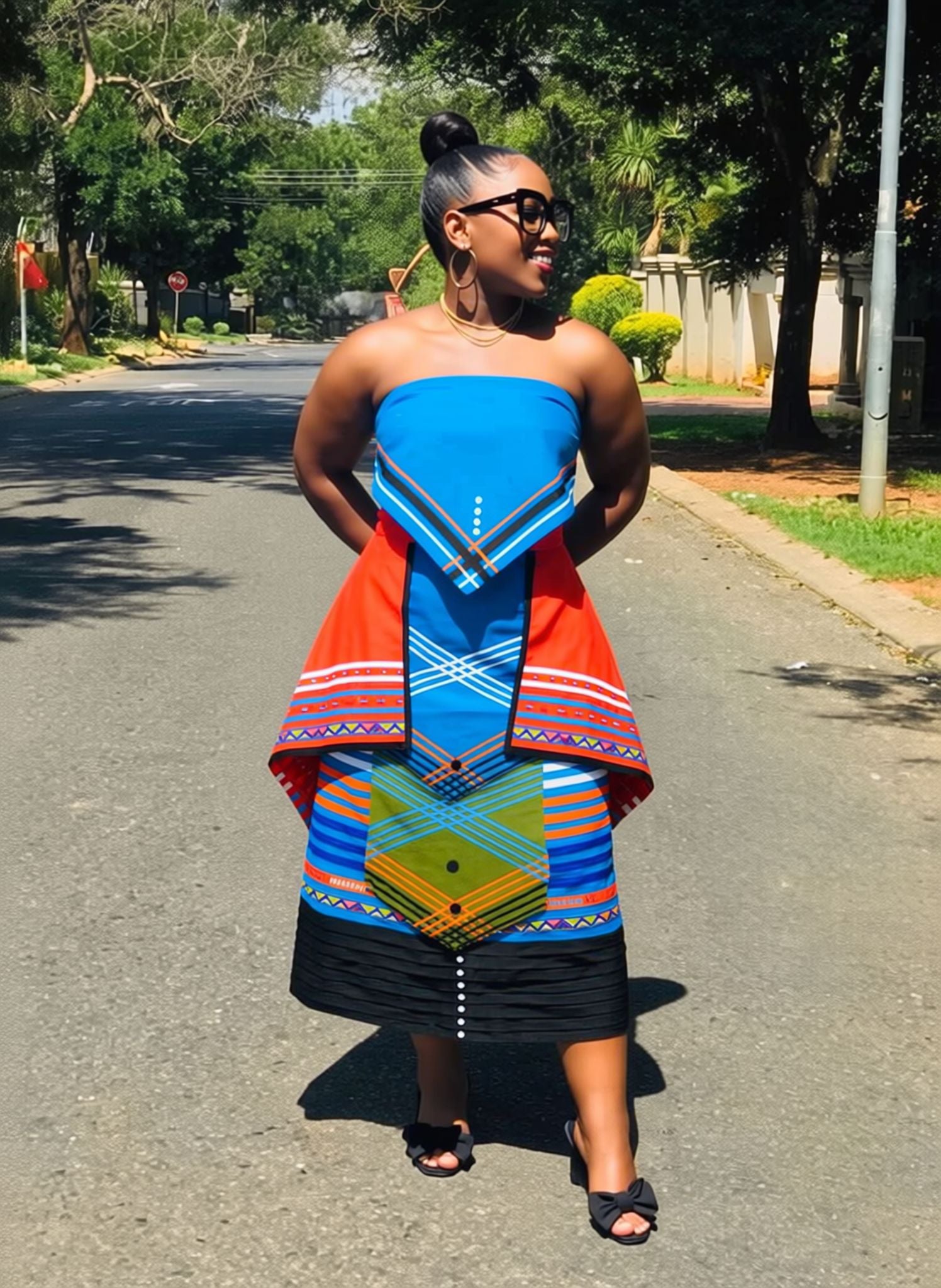 Sky blue and multicolor geometric print midi skirt with panelled hem