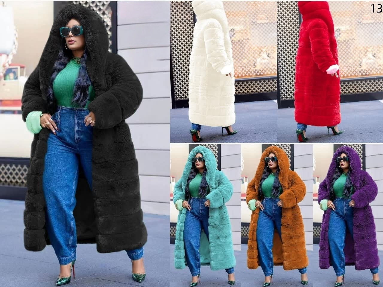 Black plush long winter coat, hooded warm layered style with full-length sleeves