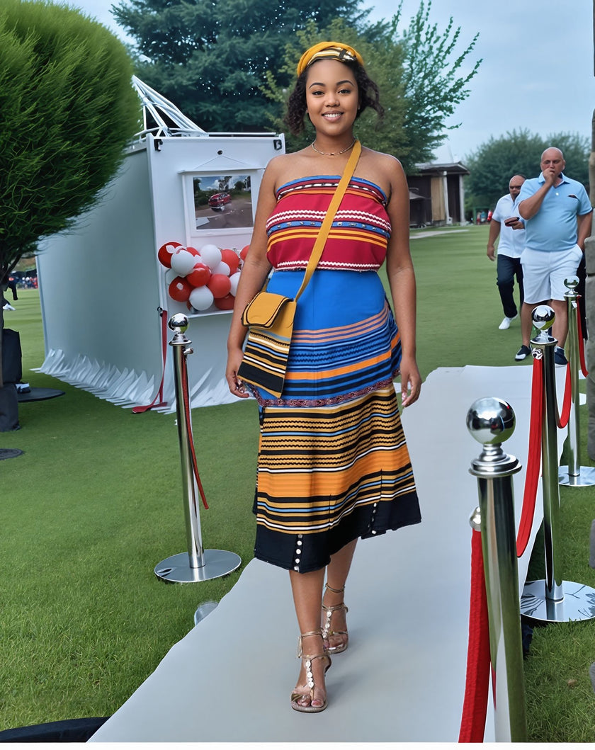 African print 5-piece skirt set with striped strapless top, blue skirt, yellow crossbody bag
