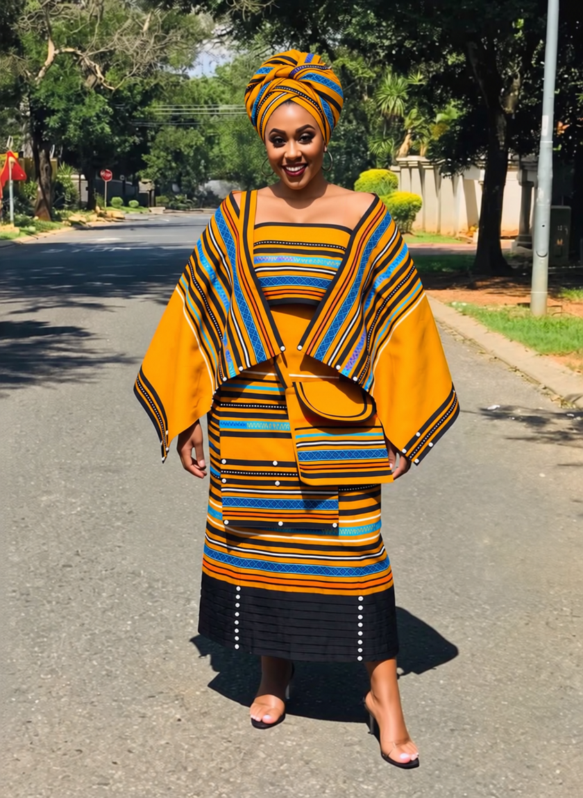 Geometric midi skirt with yellow-and-blue striped yoke and black pleated skirt