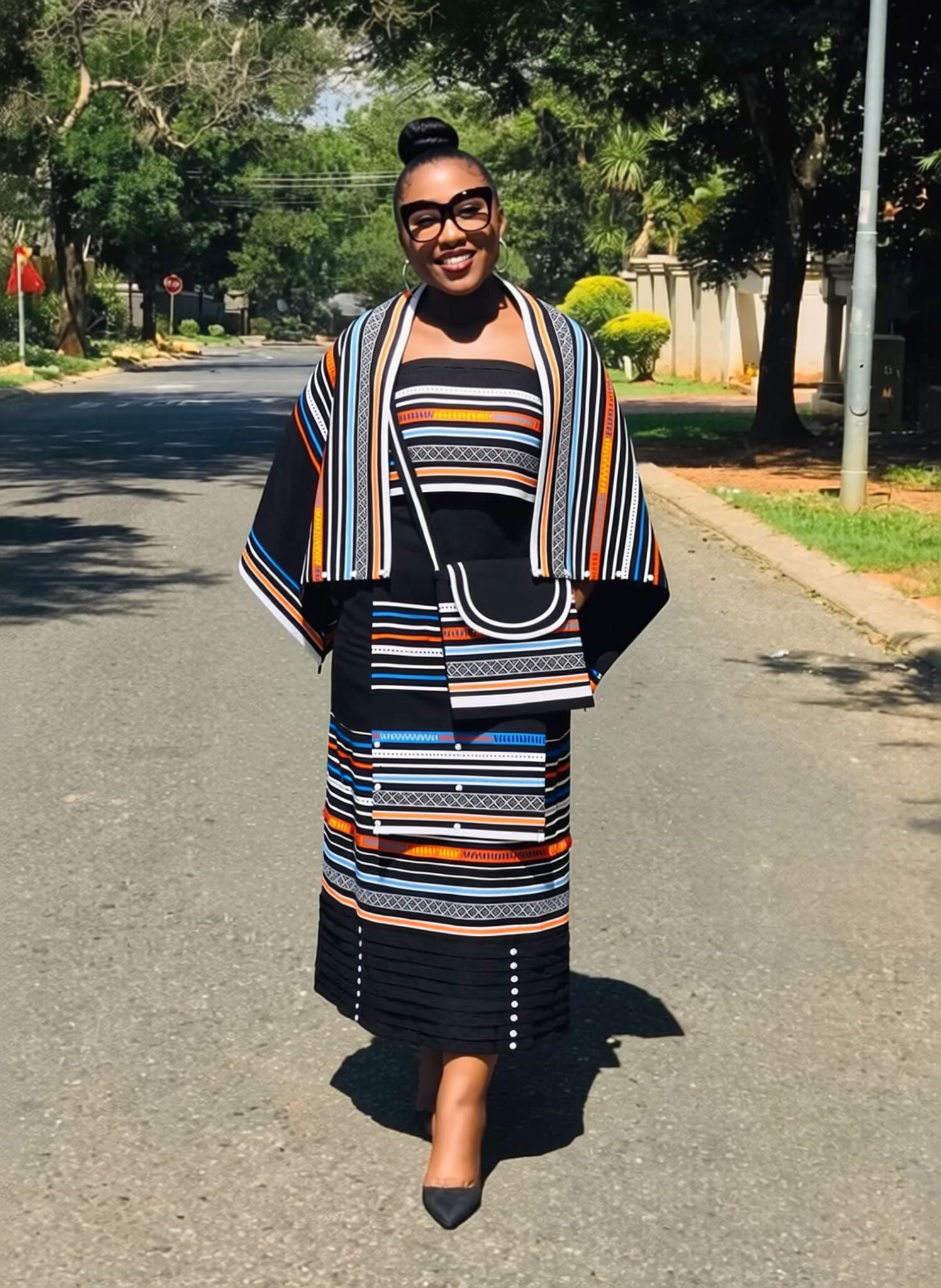 Geometric striped midi skirt with black base and multicolor bands, tassel hem
