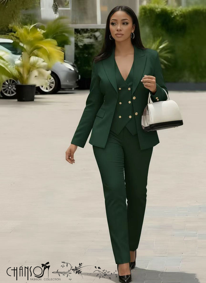 Slim-fit dark green suit set with V-neck and gold button accents