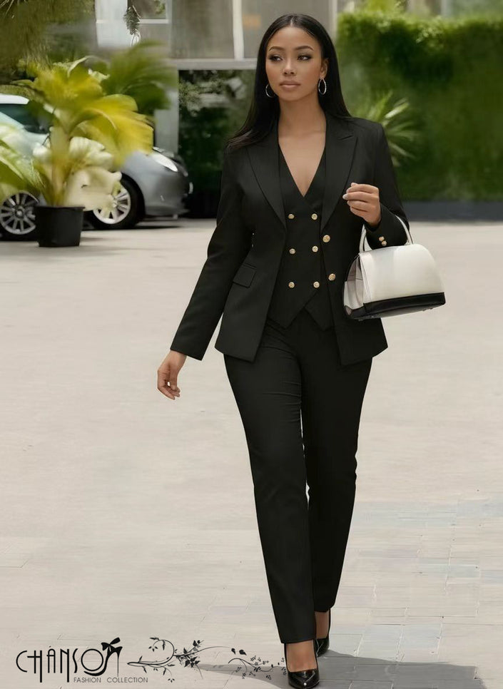 Slim-fit black suit set with V-neck and gold button accents