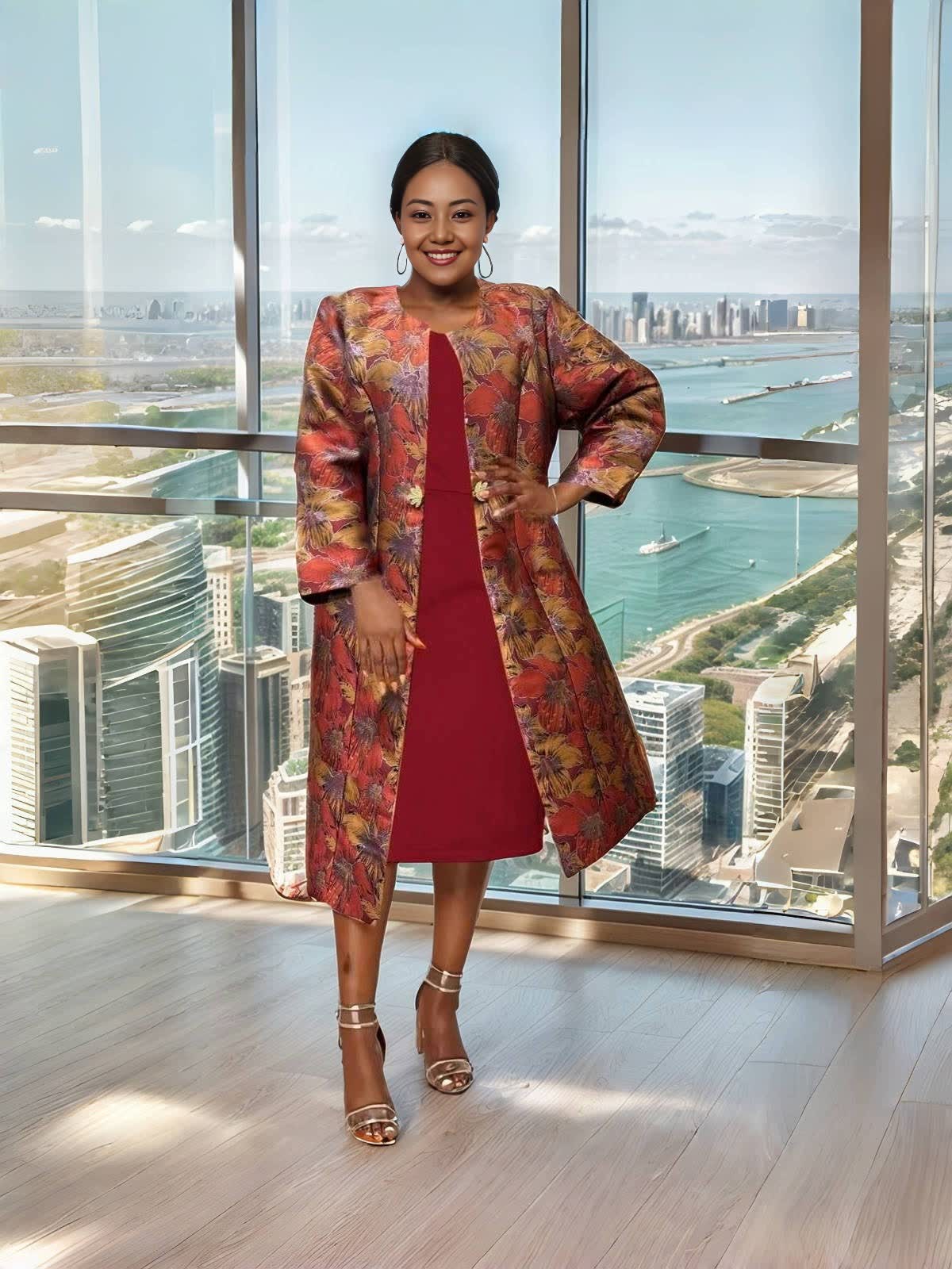 Midi-Kleid bordeaux mit gemusterter floraler Manteljacke in Rot- und Orangetönen