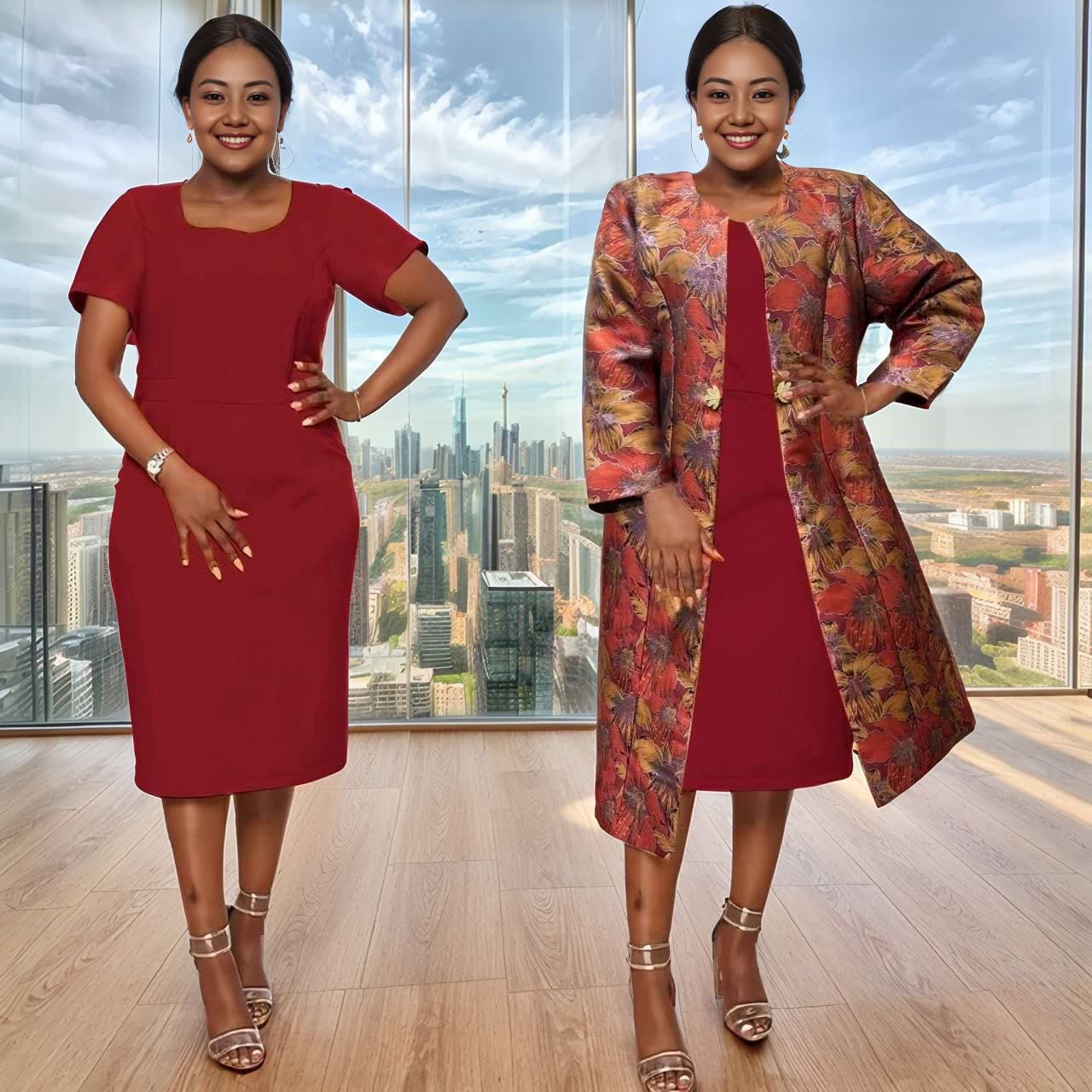 Midi-Kleid bordeaux mit farbig geblümter Manteljacke über den Schultern