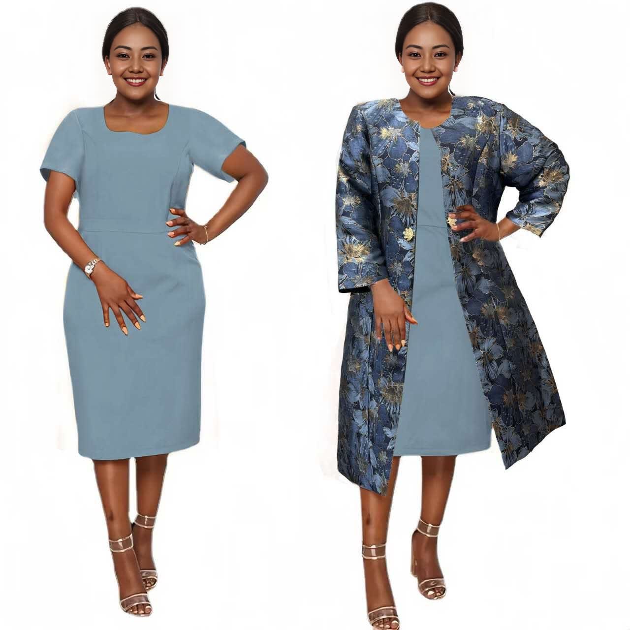 Zweiteiliges Set: Midi-Kleid hellblau mit floral gemusterter Manteljacke in Blau