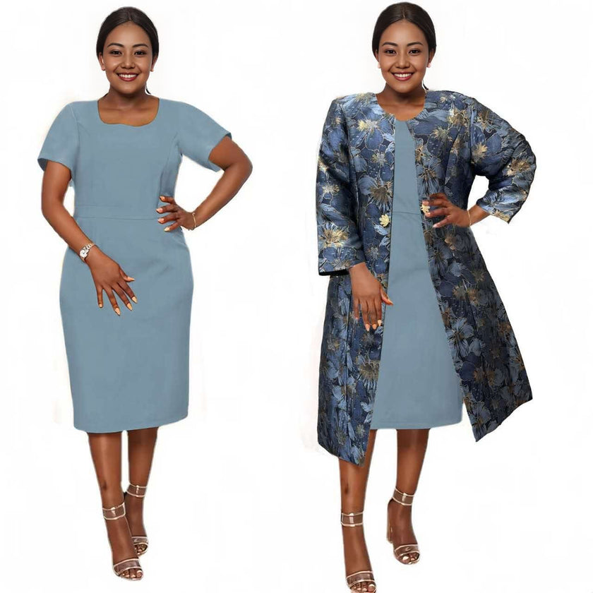 Zweiteiliges Set: Midi-Kleid hellblau mit floral gemusterter Manteljacke in Blau