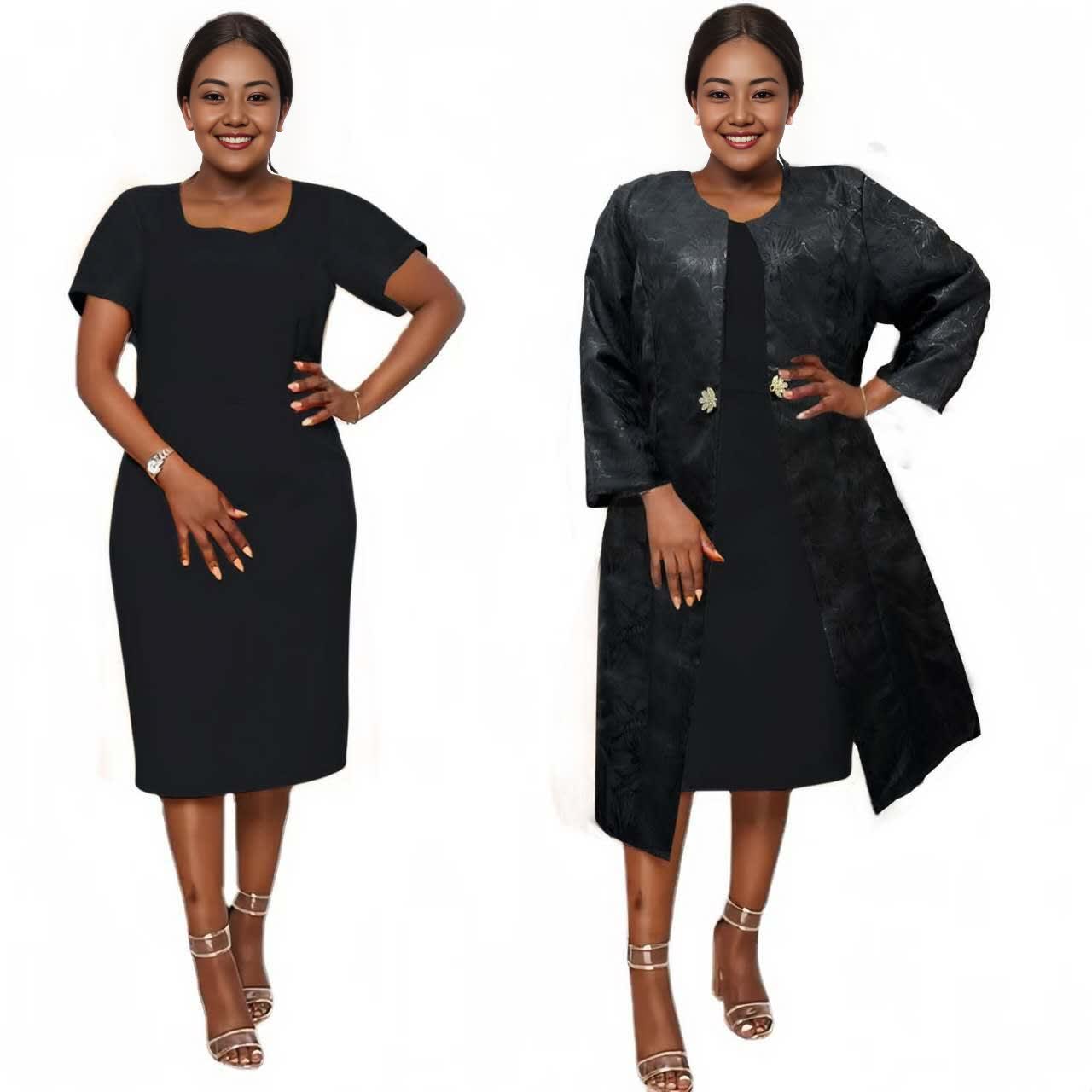 Zweiteiliges Set: Midi-Kleid schwarz mit schwarzer Manteljacke mit floralem Akzent
