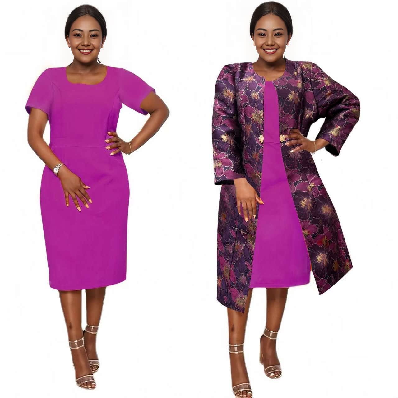 Midi-Kleid magenta mit floraler Manteljacke in dunklem Violett und Goldtönen