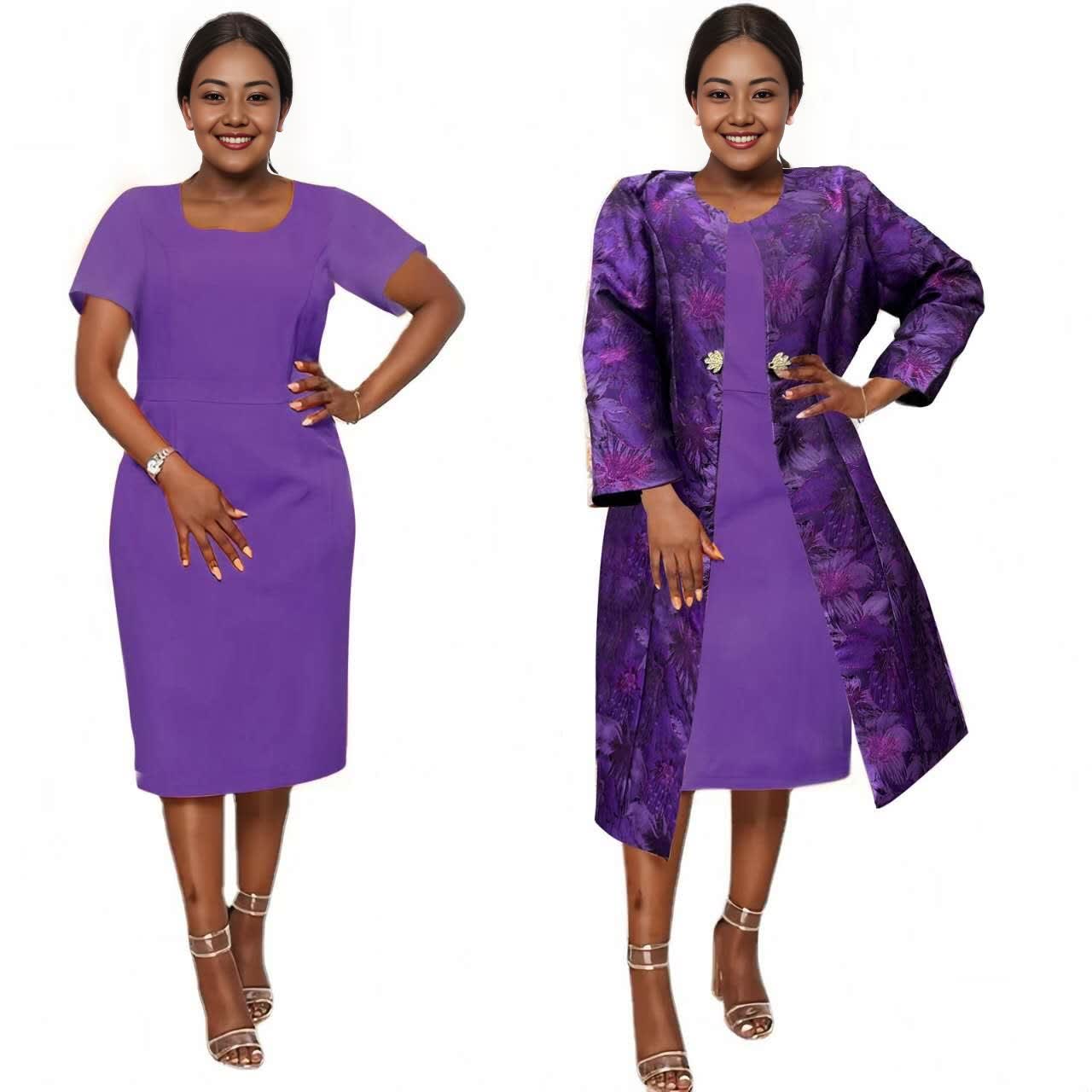 Zweiteiliges Set: Midi-Kleid lila mit passender floraler Jacke mit weiten Ärmeln
