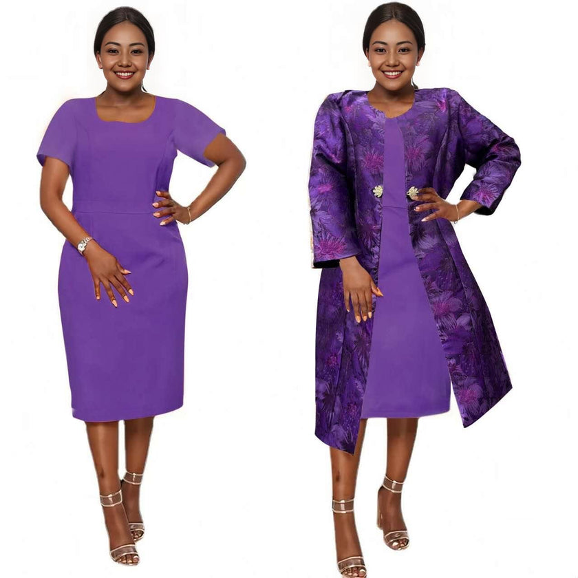 Zweiteiliges Set: Midi-Kleid lila mit passender floraler Jacke mit weiten Ärmeln