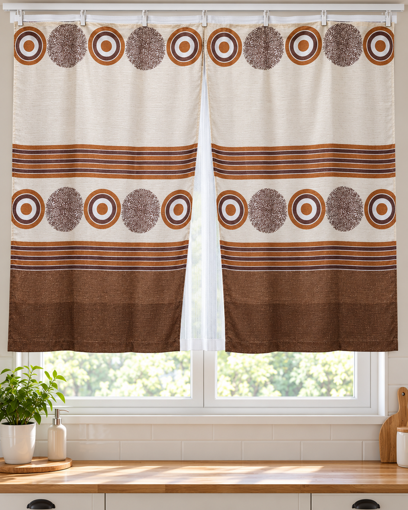 Pair of cream curtains with brown circular motifs, horizontal stripes, and a solid brown hem