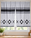 Pair of light gray curtains with black and gray diamond motifs and a dark horizontal stripe