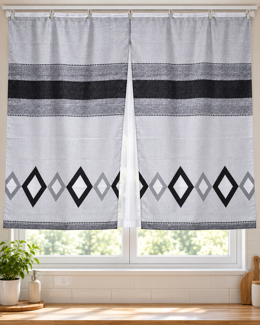 Pair of light gray curtains with black and gray diamond motifs and a dark horizontal stripe