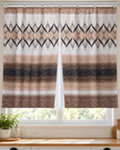 Pair of beige curtains with black geometric motifs and brown and charcoal horizontal bands