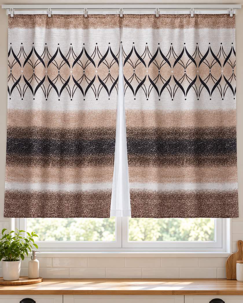 Pair of beige curtains with black geometric motifs and brown and charcoal horizontal bands