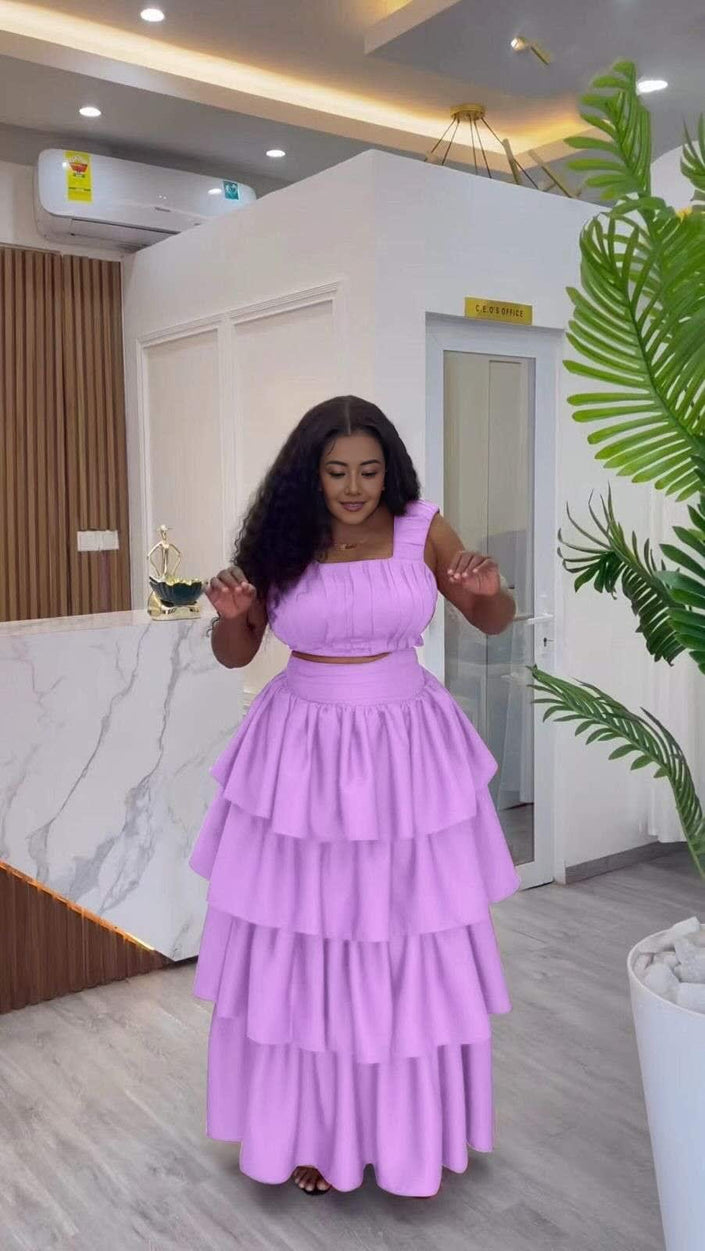 Light purple ruffle tiered maxi dress with smocked bodice and off-shoulder sleeves