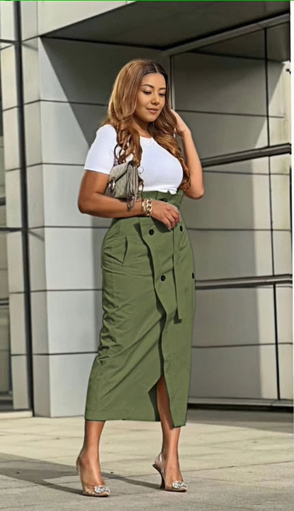 High-waist midi skirt in olive green with button front and side slit