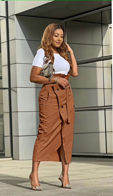 High-waist midi skirt in brown with button front and side slit