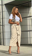 High-waist midi skirt in beige with button front and side slit