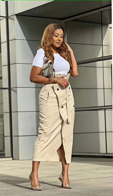High-waist midi skirt in beige with button front and side slit