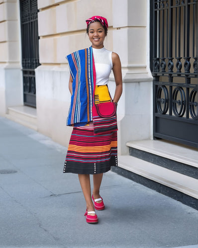 5-piece striped skirt set in blue and magenta with matching top, skirt, and headwrap