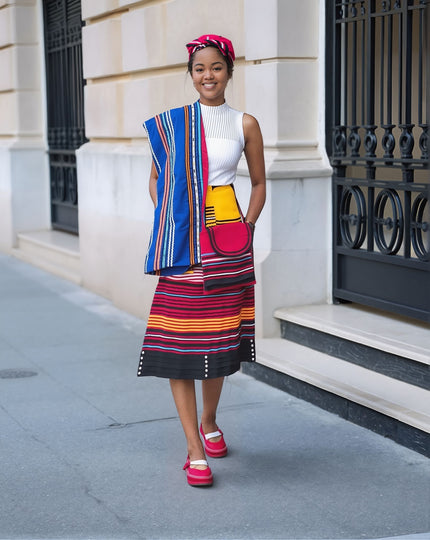 Multicolor striped skirt set with draped top, white sleeveless bodice, midi skirt